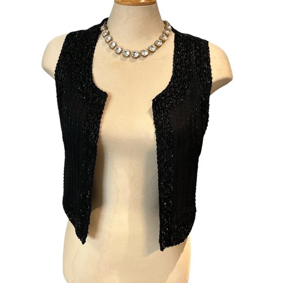 JOSEPH RIBKOFF Vintage Silk Sequinned Vest Size Small Black 100% Silk - Picture 2 of 10
